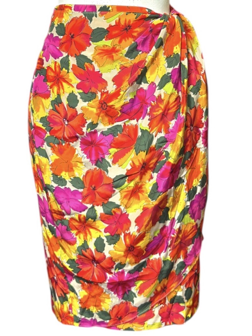 Vtg Breckenridge 100% silk floral wrap skirt yellow orange & pink Women’s 4 | uu